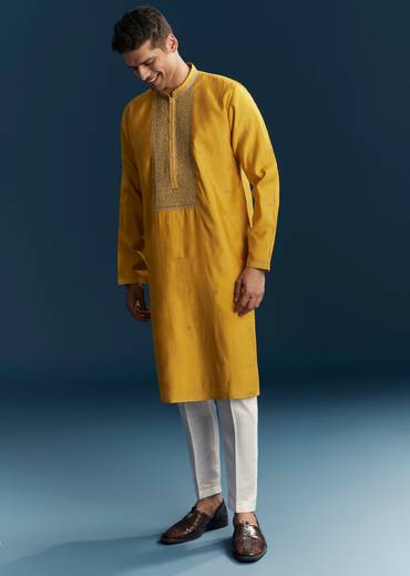 Mustard Yellow Silk Kurta Set With Thread Detail Work