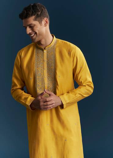 Mustard Yellow Silk Kurta Set With Thread Detail Work