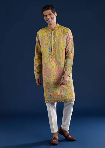 Mustard Yellow Silk Mirror Work Mens Kurta and Pant Set