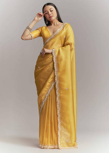 Mustard Yellow Tissue Embroidered Saree With Heavy Hand Embroidery