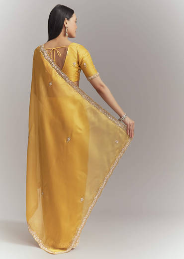 Mustard Yellow Tissue Embroidered Saree With Heavy Hand Embroidery