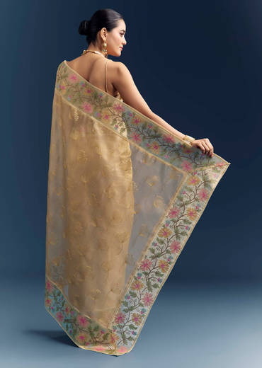 Mustard Yellow Tissue Silk Saree With Floral Resham Embroidery