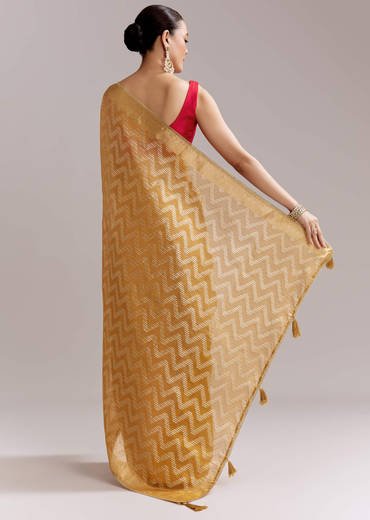 Mustard Yellow Tissue Woven Saree With Gold Tone And Zari Border