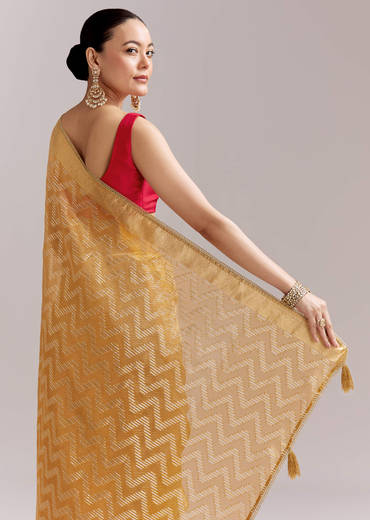 Mustard Yellow Tissue Woven Saree With Gold Tone And Zari Border