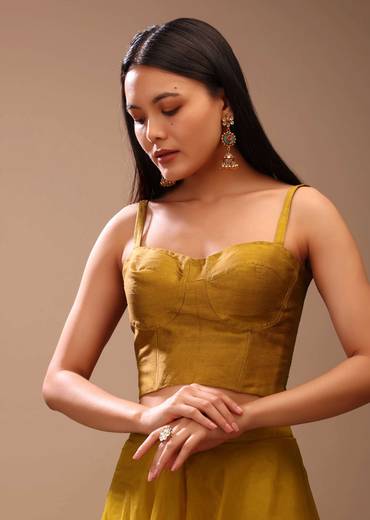 Mustard Gold Corset Top In Raw Silk With Strap Sleeves And Boning Detailing