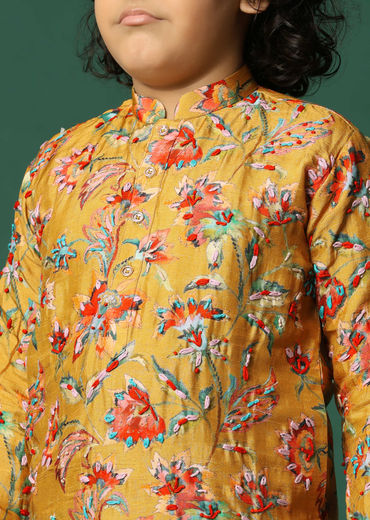 Mustard Yellow Floral Kurta Pant With Resham Work For Boys
