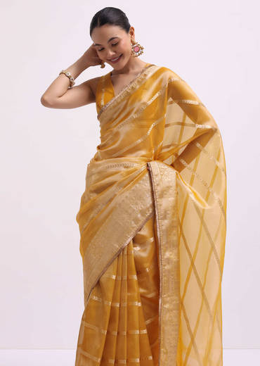 Mustard Yellow Zari Woven Chanderi Saree With Unstitched Blouse