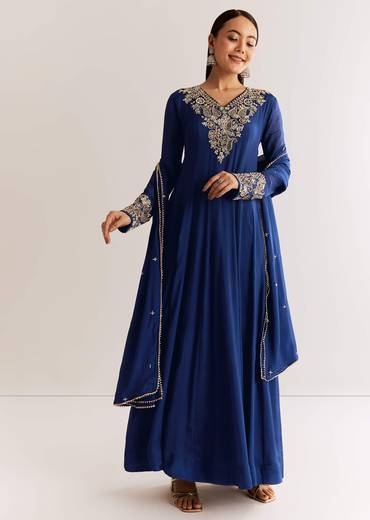 Navy Blue Chinon Anarkali Set With Cutdana Moti And Gotta Lace Dupatta