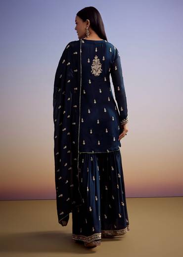 Navy Blue Chinon Sharara Suit With Cut Dana And Sequins Work