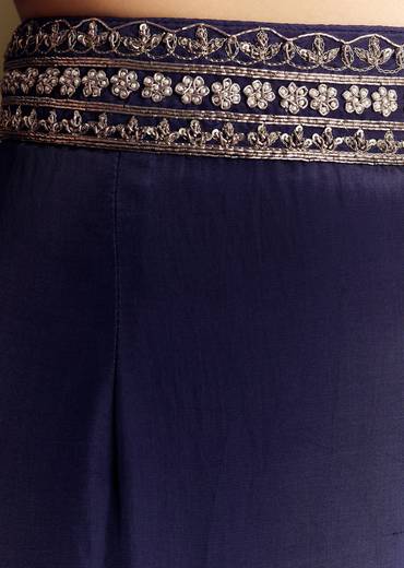 Navy Blue Crop Top Set With Silver Zardozi Cape