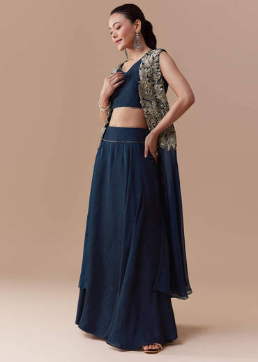 Navy Blue Crop Top Silk Skirt Set with Zari Jacket