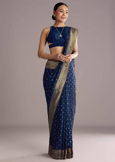 Navy Blue Dola Silk Saree With Butti Work And Zari Woven Border
