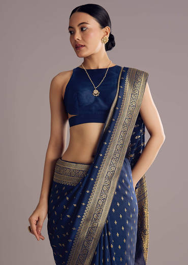 Navy Blue Dola Silk Saree With Butti Work And Zari Woven Border