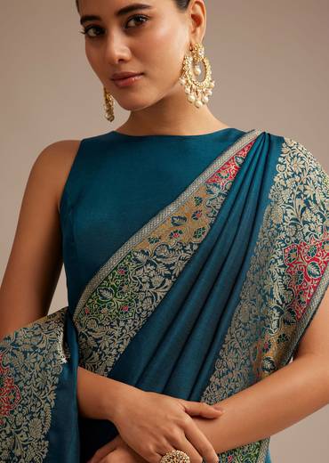 Navy Blue Dola Silk Saree With Zari Embroidery