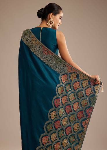 Navy Blue Dola Silk Saree With Zari Embroidery