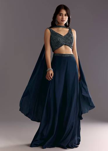 Navy Blue Embroidered Croptop Palazzo With Choker Dupatta