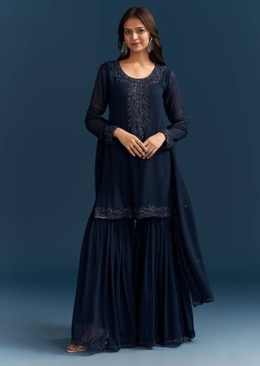 Navy Blue Georgette Sharara Suit With Embroidered Kurta And Dupatta