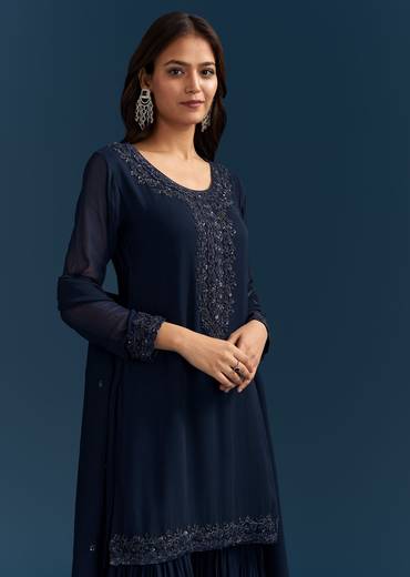 Navy Blue Georgette Sharara Suit With Embroidered Kurta And Dupatta