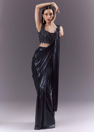 Navy Blue Imported Fabric Ready Pleated Saree With Heavy Embroidery