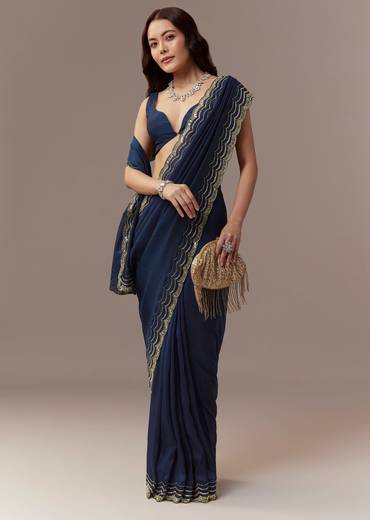 Navy Blue Kora Silk Saree With Cutdana Stones And Mirror Embroidery