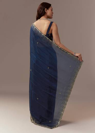 Navy Blue Kora Silk Saree With Cutdana Stones And Mirror Embroidery