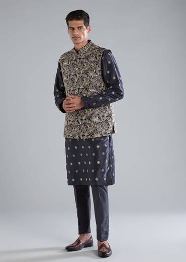 Navy Blue Kurta Jacket Set With Thread And Sequin Embroidery