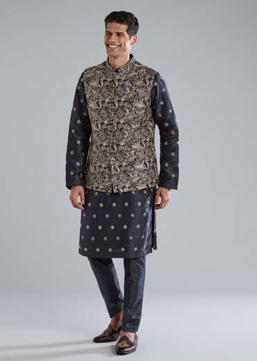 Navy Blue Kurta Jacket Set With Thread And Sequin Embroidery