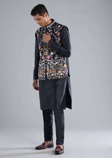 Navy Blue Kurta Jacket Set With Thread Resham Work