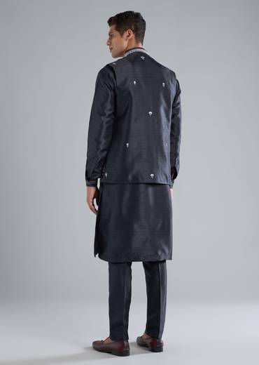 Navy Blue Kurta Jacket Set With Thread Resham Work