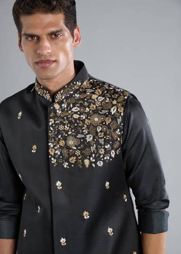 Navy Blue Kurta Jacket Set With Zardosi Resham And Cut Dana Detailing