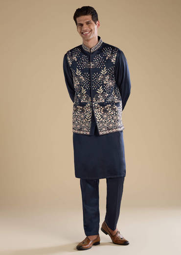Navy Blue Linen Jacket Kurta Set with Patch Work