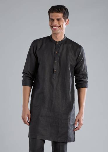 Navy Blue Linen Kurta Jacket Set With Thread Resham Work