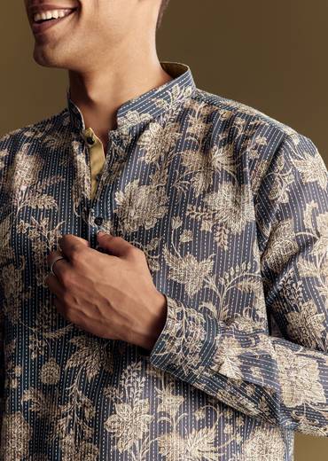 Navy Blue Linen Kurta Set Embellished With Intricate Kantha Stitching