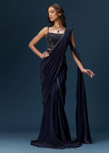 Navy Blue Pre Draped Saree With Embroidered Blouse