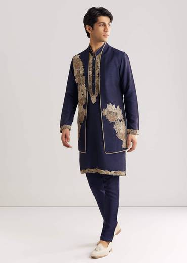 Navy Blue Rawsilk Jacket Kurta Set With Floral Beaded And Threadwork