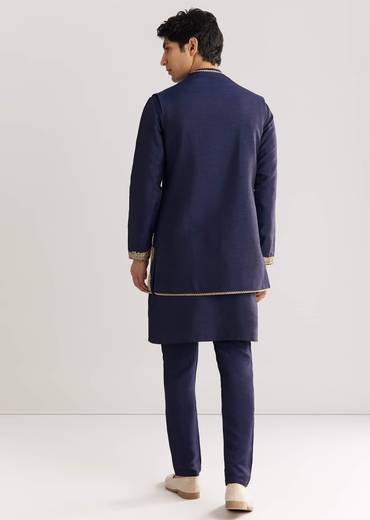 Navy Blue Rawsilk Jacket Kurta Set With Floral Beaded And Threadwork