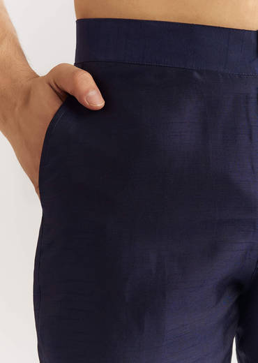 Navy Blue Rawsilk Jacket Kurta Set With Floral Beaded And Threadwork