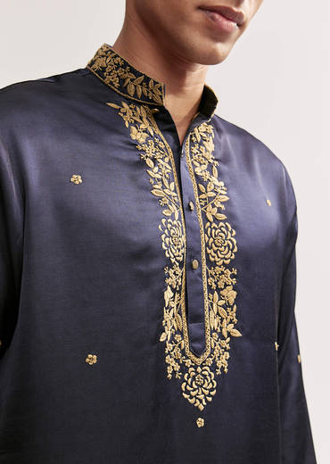 Navy Blue Satin Blend Kurta Set For Men With Zardosi Work