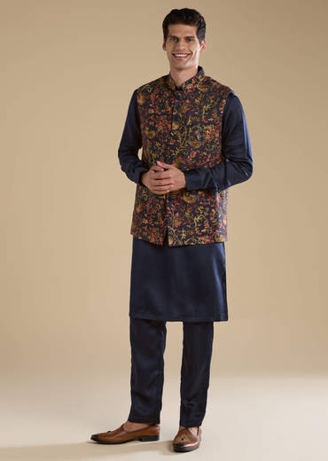 Navy Blue Silk Jacket Kurta Set with Resham Work