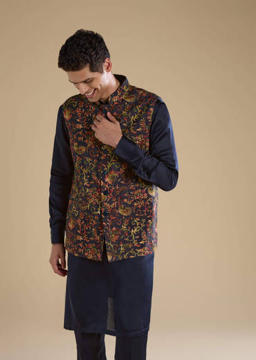 Navy Blue Silk Jacket Kurta Set with Resham Work