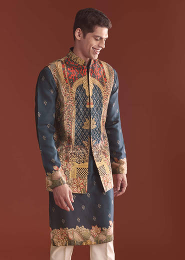 Navy Blue Silk Kurta Jacket Set For Men With Ethnic Print
