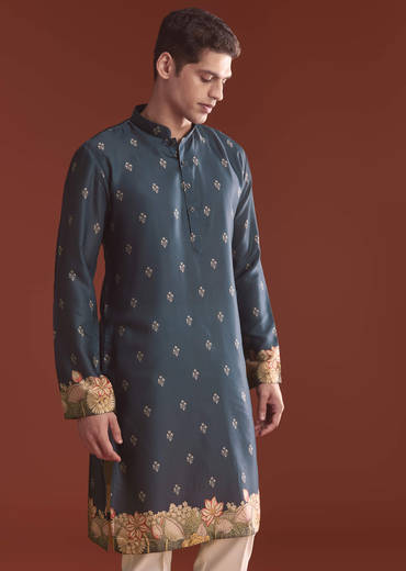 Navy Blue Silk Kurta Jacket Set For Men With Ethnic Print