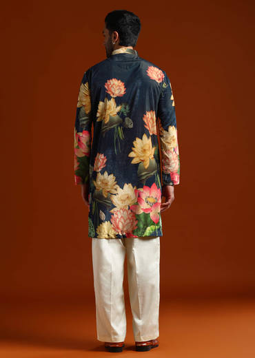 Navy Blue Velvet Kurta Set For Men With Print