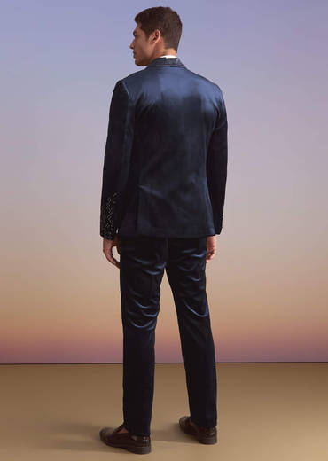 Navy Blue Velvet Tuxedo For Men With Hand Embroidery
