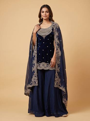 Navy Embroidered Cape Set