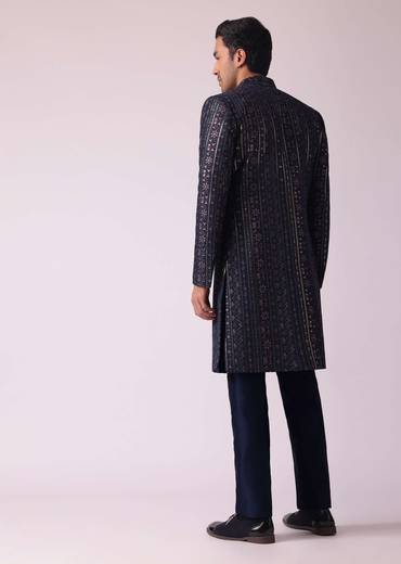 Navy Blue Indowestern Set In Dupion