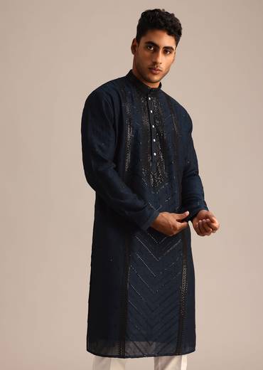Navy Blue Sequin Work Silk Kurta Set