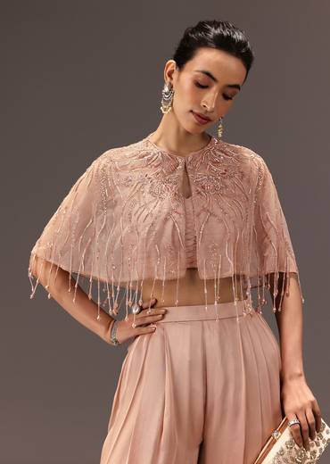 Nude Pleated Blouse With Tassel Cape And Dhoti Pants