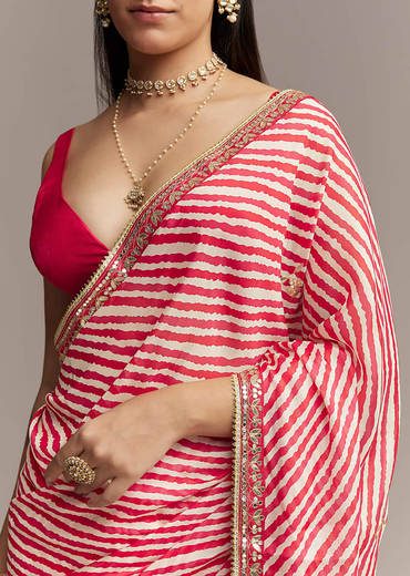 Off White And Red Striped Chinnon Saree With Gota Work