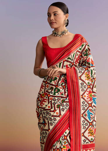 Off White And Ruby Red Double Ikkat Handwoven Patola Saree
